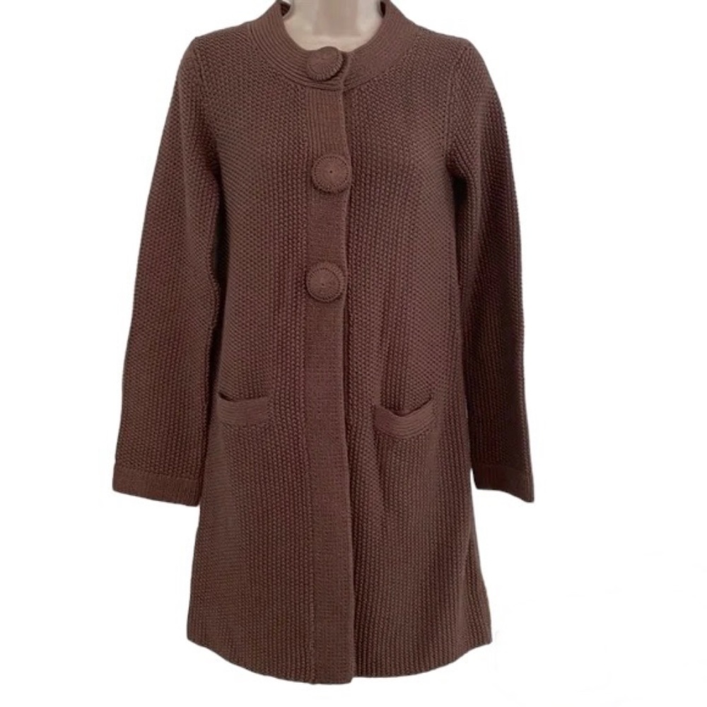 Boden crochet button cardigan 100% cotton long taupe brown Sweater Coat 2